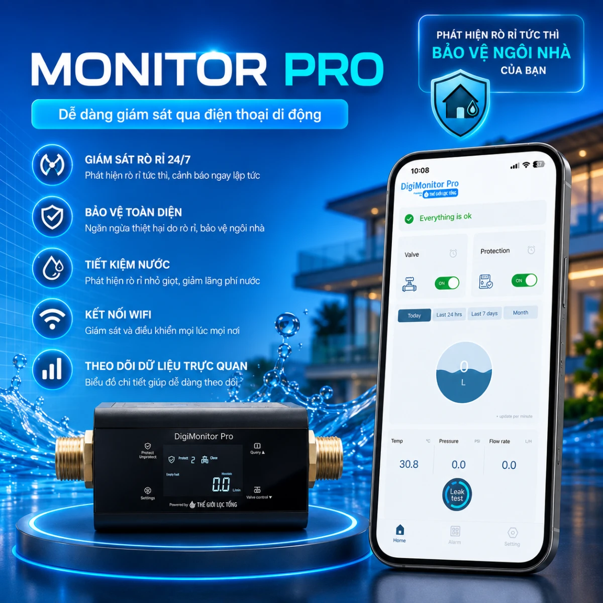 Hệ thống iOT theo dõi & cảnh báo sự cố thông minh DigiMonitor Pro 59 Phat hien ro ri nuoc toan nha voi chuc nang tu dong ngat nuoc bao ve ngoi nha khoi hu hai do ro ri nuoc 1 Hệ thống iOT theo dõi & cảnh báo sự cố thông minh DigiMonitor Pro Thế Giới Lọc Tổng