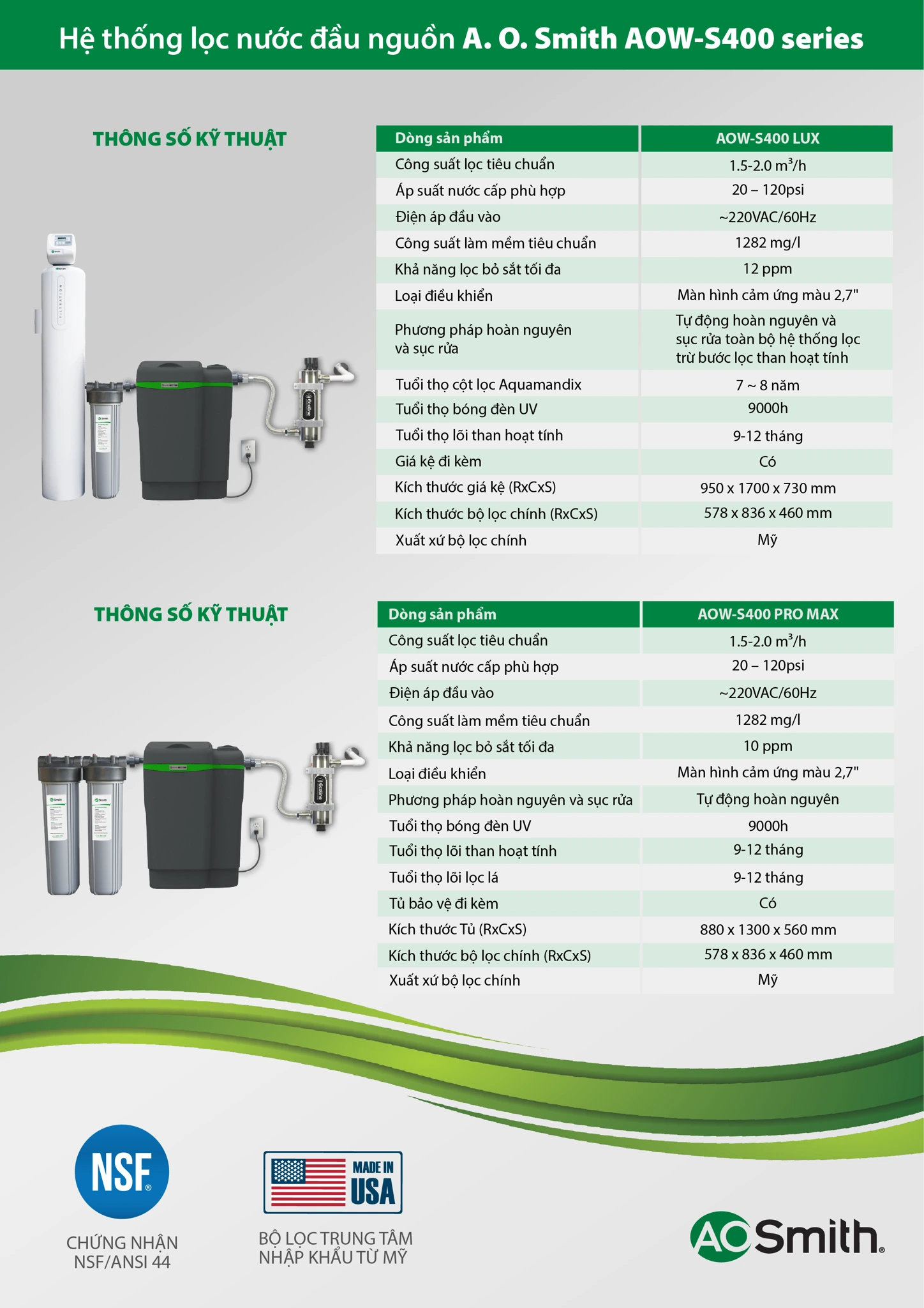 Hệ thống lọc nước đầu nguồn A. O. Smith AOW-S400 Series Thông số kỹ thuật của hệ thống lọc tổng đầu nguồn AOW-S400 LUX & AOW-S400 PRO MAX