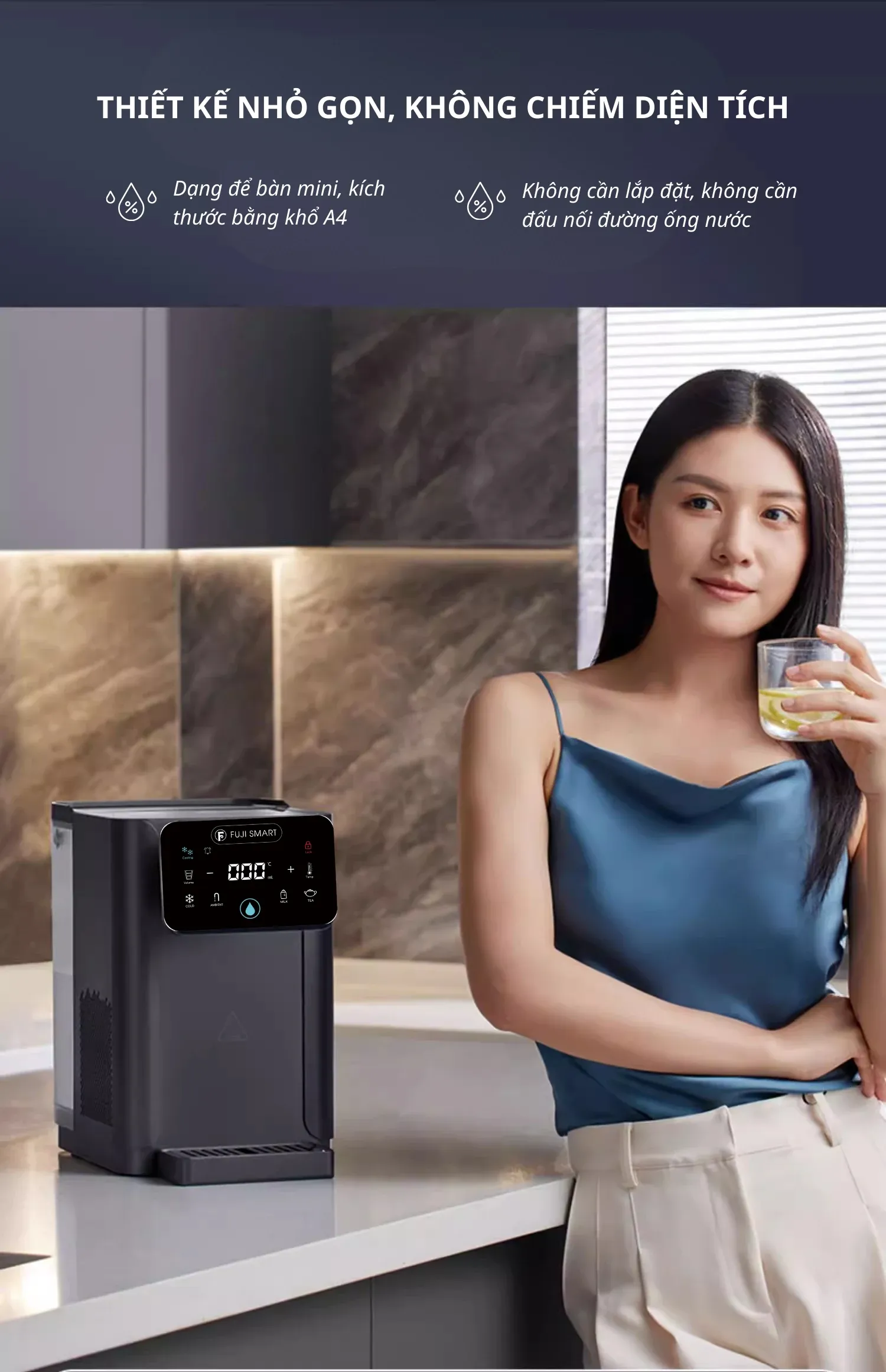 Bình thủy điện nóng lạnh thông minh Fuji Smart FHC-500 sở hữu thiết kế đứng nhỏ gọn