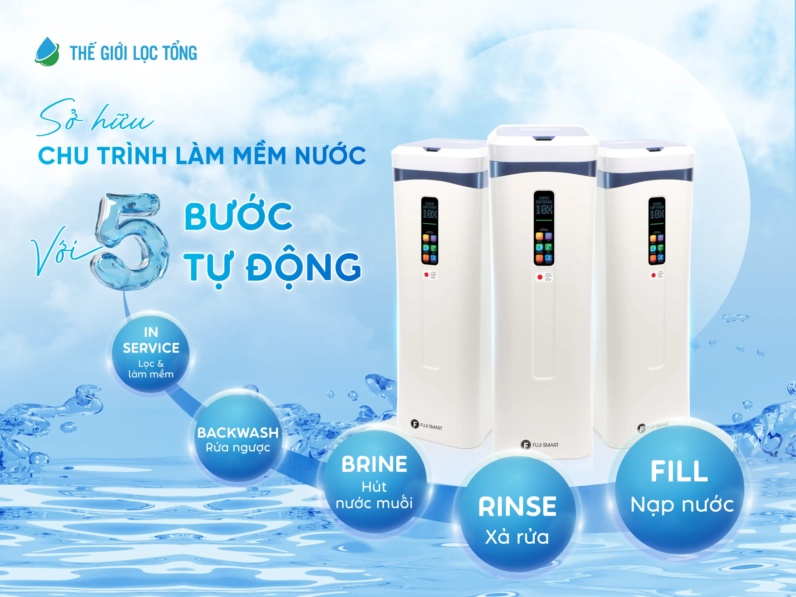 Hệ thống làm mềm nước Fuji Smart CS10 Plus sở hữu chu trình tái tạo 5 bước khép kín