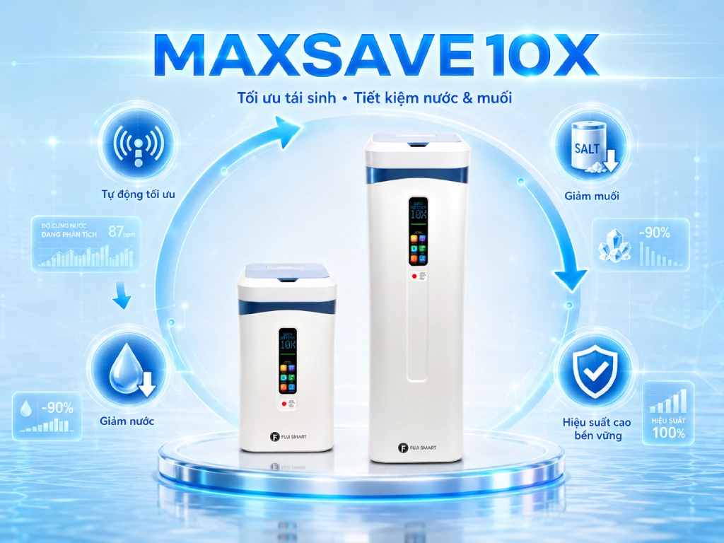 Hệ thống làm mềm nước Fuji Smart Super Softener SERIES 50 Fuji Smart Super Softener Series sỡ hữu công nghệ Max Save thông minh giúp tiết kiệm muối và nước trong quá trình tái sinh
