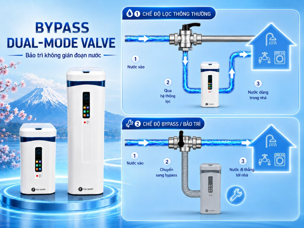 Hệ thống làm mềm nước Fuji Smart Super Softener SERIES 52 Fuji Smart Super Softener SERIES được trang bị van bypass Dual-Mode Valve thông minh