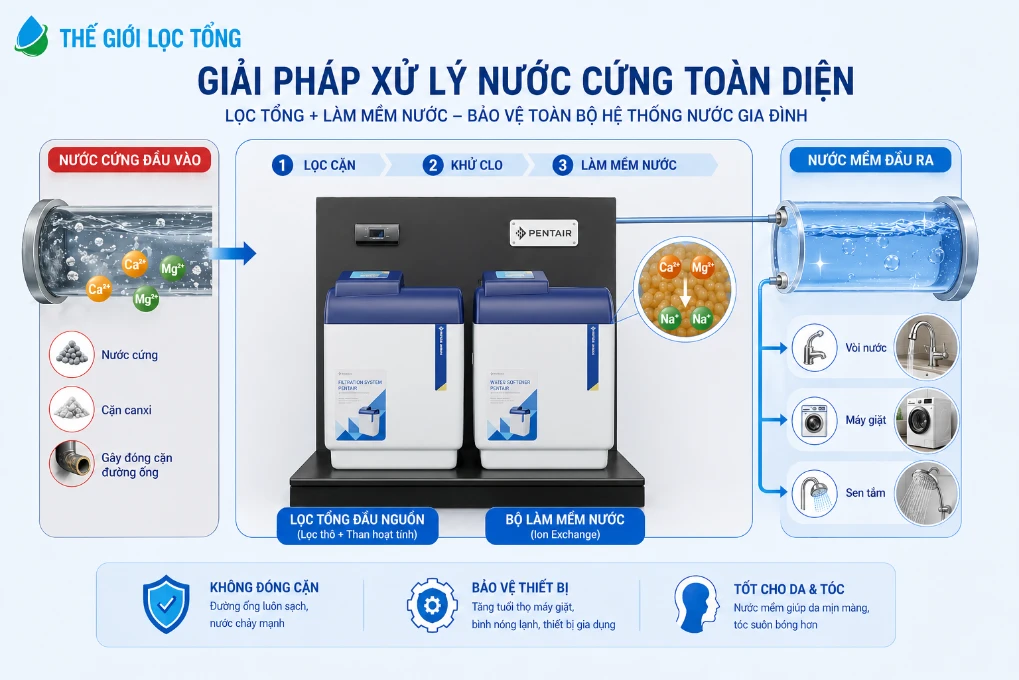 Cách làm mềm nước cứng bằng phương án dùng hệ thống lọc tổng đầu nguồn