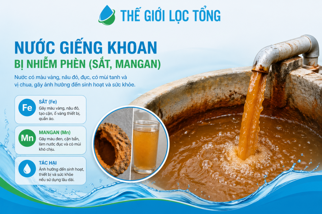 Nước giếng khoan nhiễm phèn sắt gây vàng đục đóng cặn