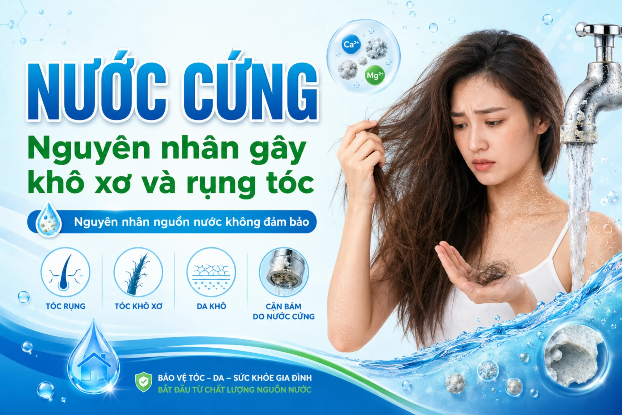 Nguồn nước: Thủ phạm gây khô tóc, rụng tóc và khô da